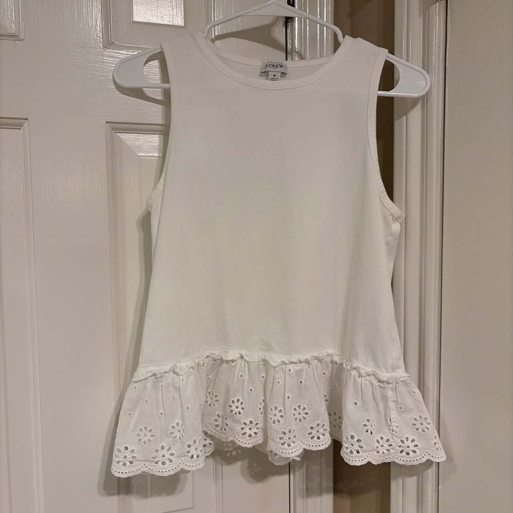 J.Crew Womens Sleeveless Eyelet Ruffle Hem Tank Top White Size S Cotton